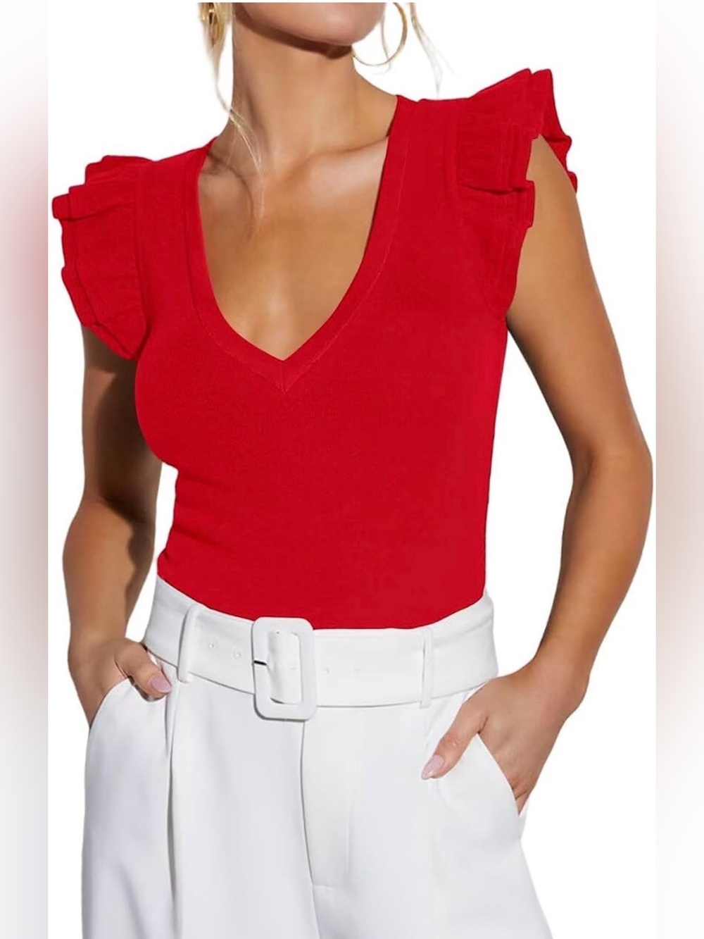 Women's V-Neck Short Sleeve Top - Red